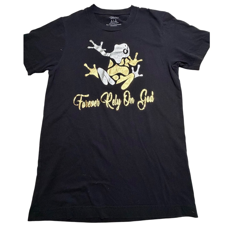Make Market Forever Rely On God Frog Graphic T-Shirt Black Gold Silver Small